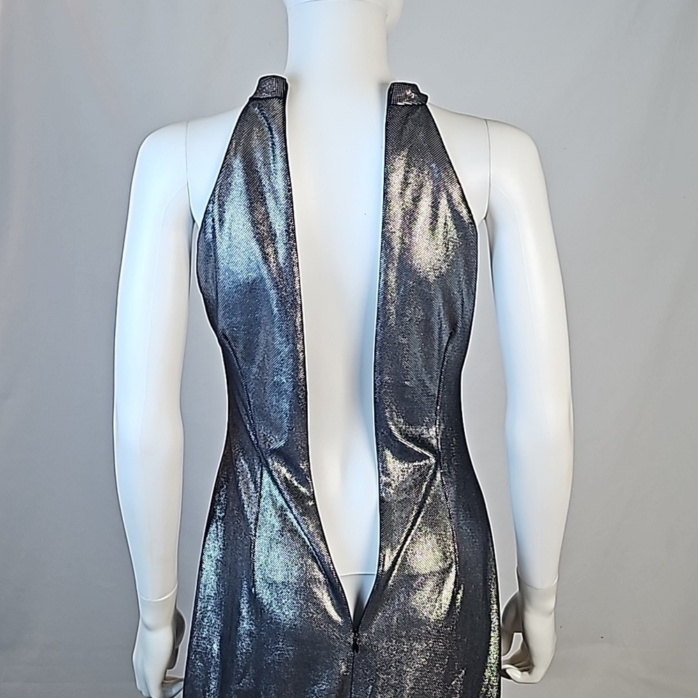 Vintage Alex Evenings Metallic Pewter Halter Back Zip Front Slit Formal … - Picture 9 of 16